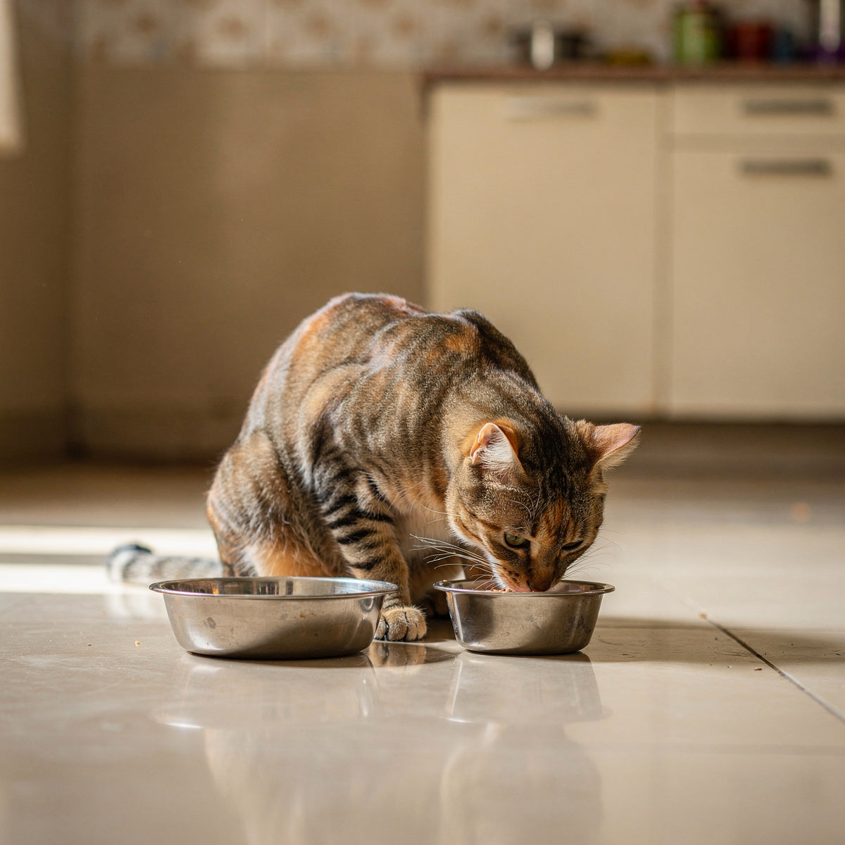 An Indian domestic short-haired tabby cat eating from a steel bowl in a kitchen