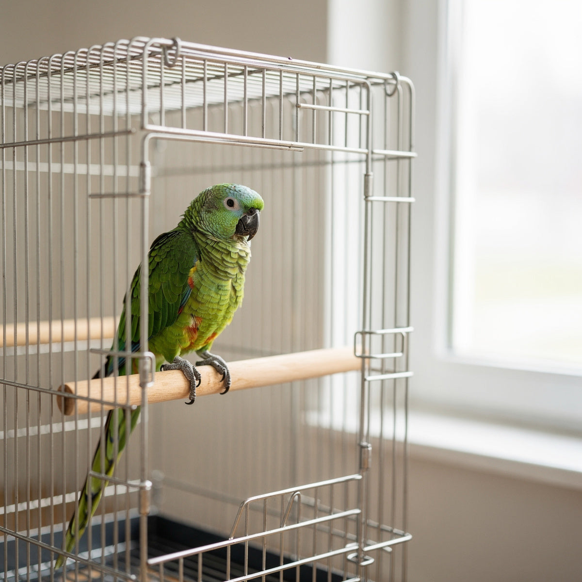 A green parrot perched inside a clean cage near a window