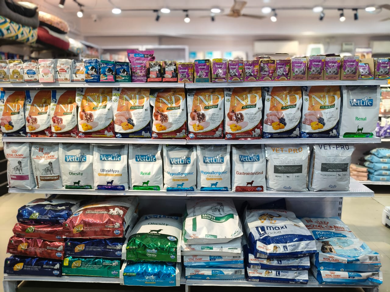 Veterinary diet shelves at Cuddle Paws Co in Gachibowli, Hyderabad, stocked with Farmina Vet Life renal, hypoallergenic and gastrointestinal formulas and Royal Canin Veterinary diets alongside everyday cat and dog food