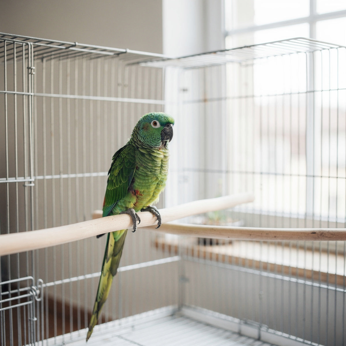 A green parrot perched inside a clean cage near a window