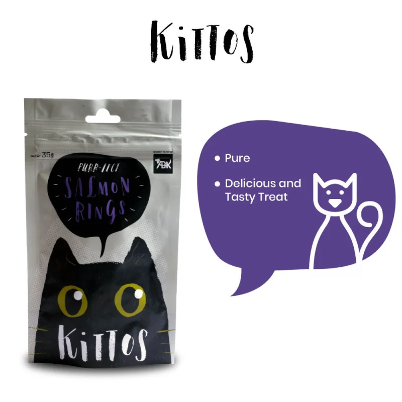 Kittos Purr Fect Salmon Rings Cat Treats — in use