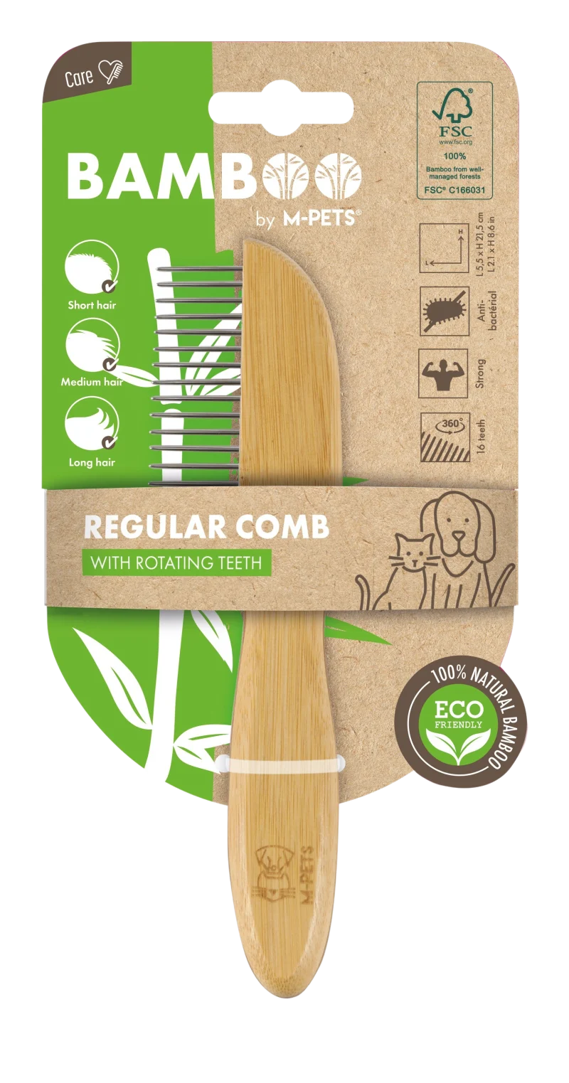 M PETS Bamboo Regular Comb With Rotating Teeth for Dogs and Cats — back view
