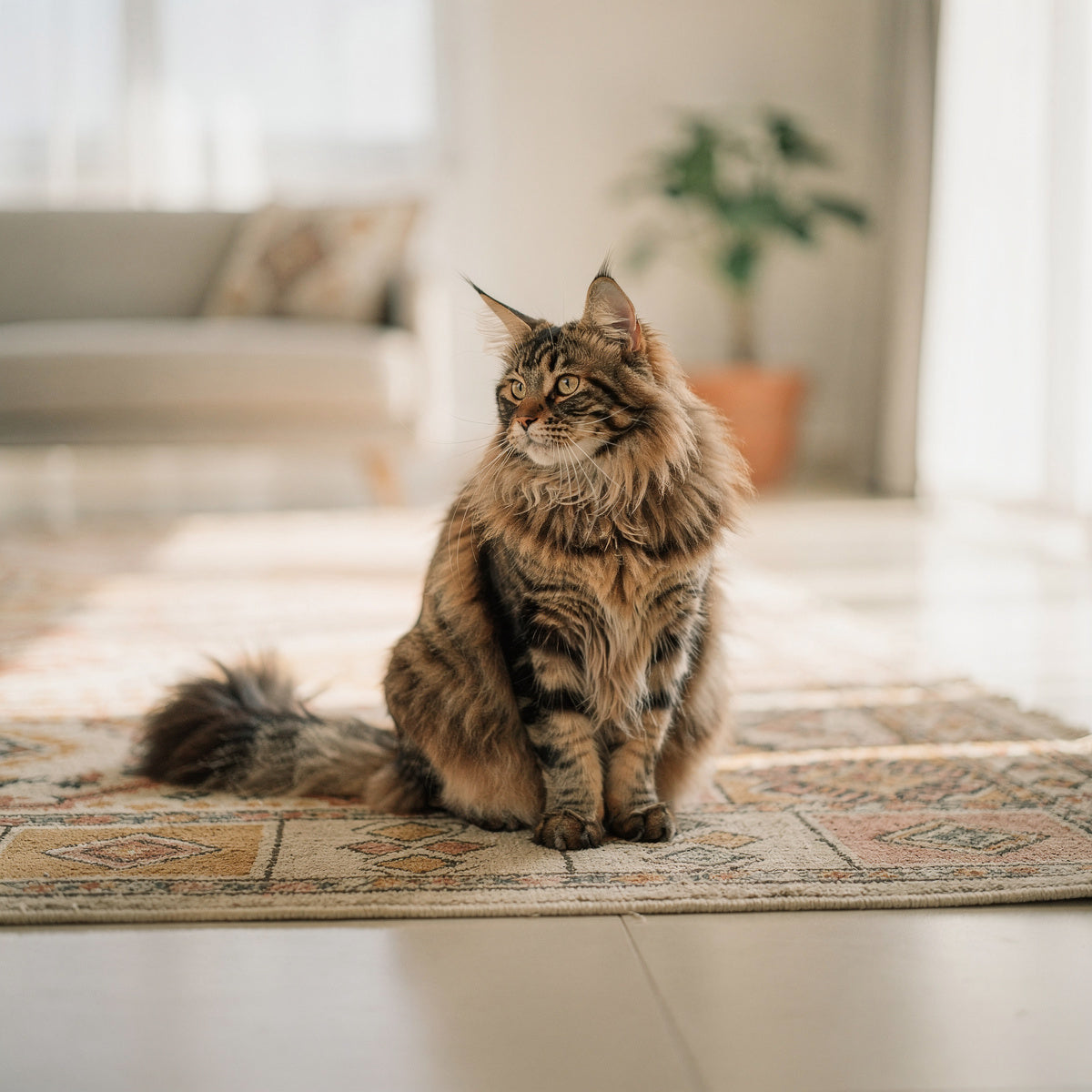 A Maine Coon cat sitting on a patterned rug in a bright apartment
