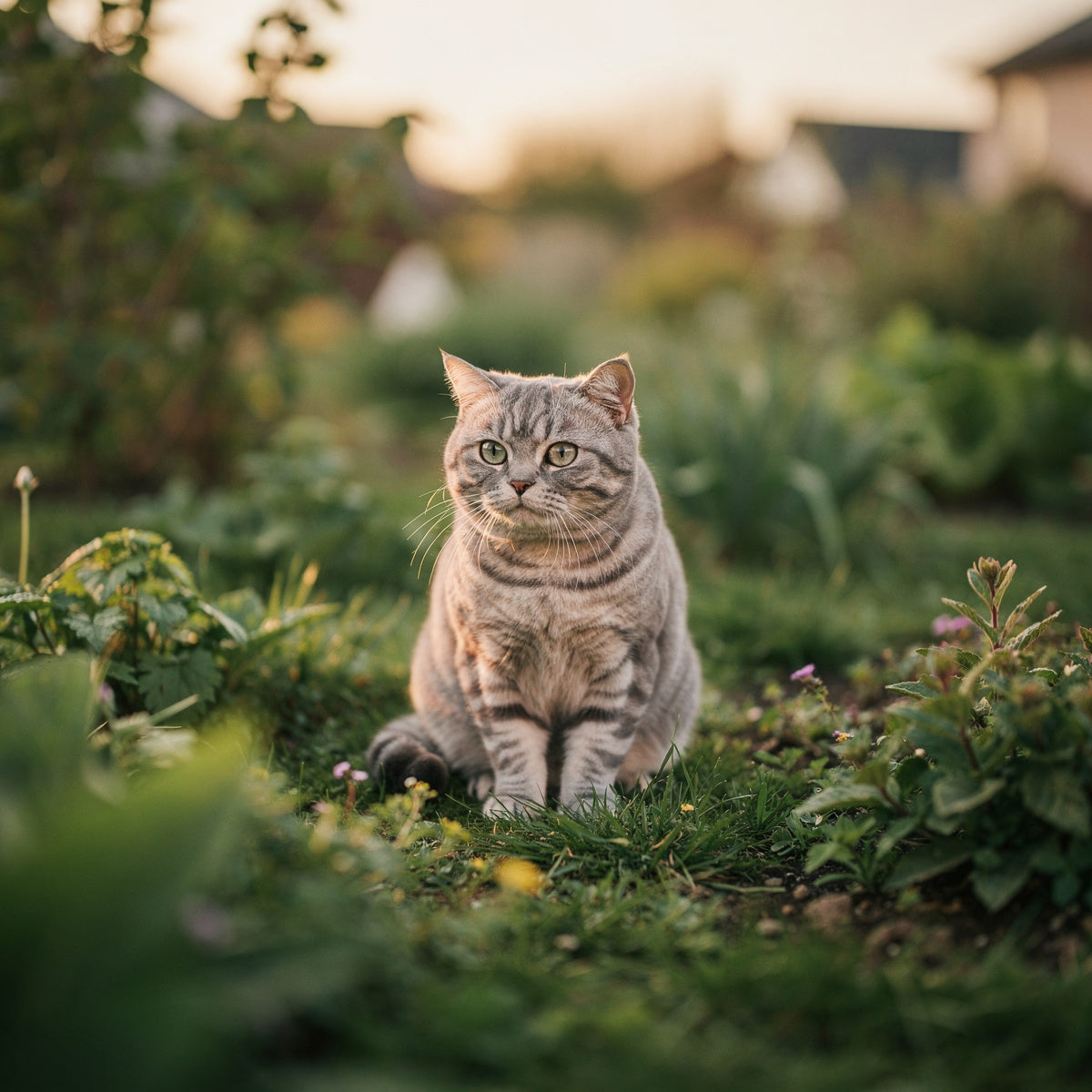 A Munchkin cat sitting in a small garden in evening light