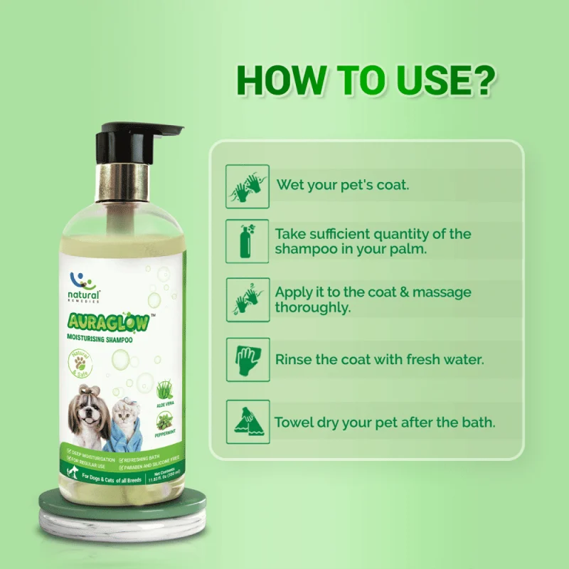 Natural Remedies Auraglow Moisturizing Shampoo for Dogs and Cats — detail shot