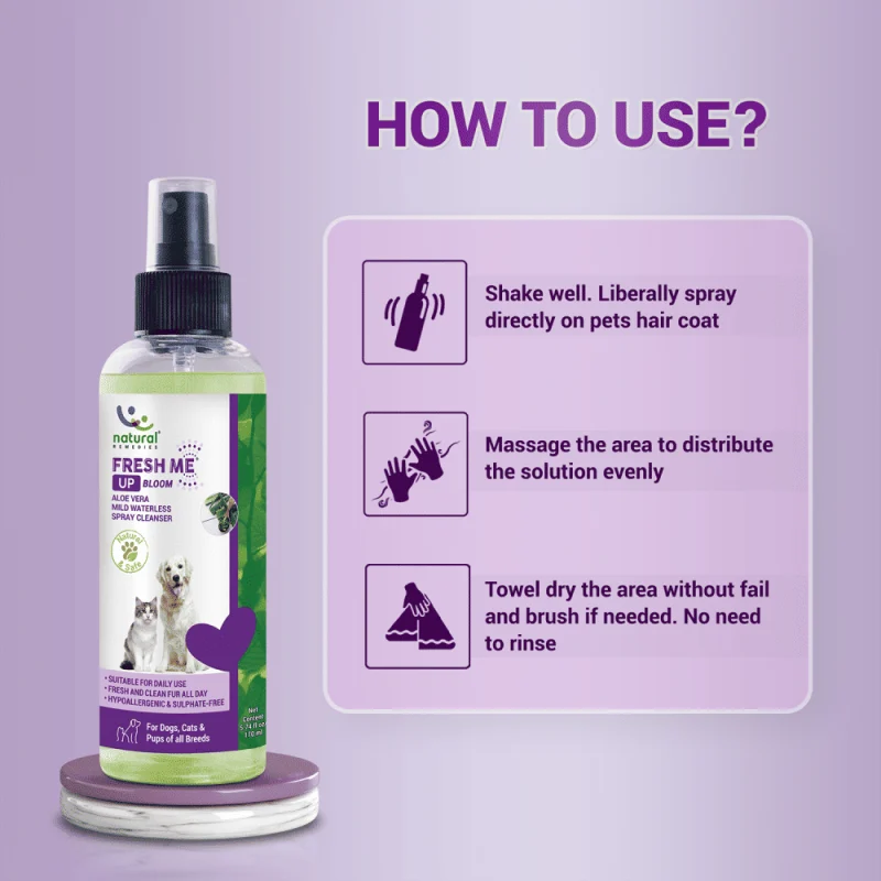 Natural Remedies Fresh Me Up Bloom Aloevera Cleanser for Dogs and Cats — in use