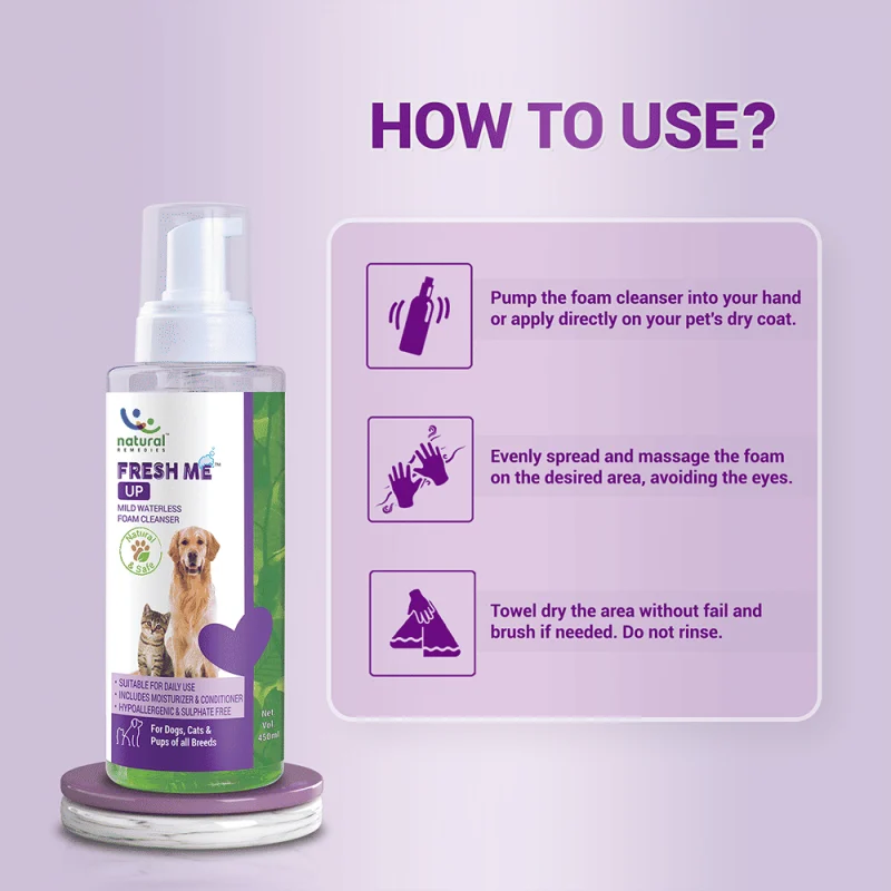 Natural Remedies Fresh Me Up Waterless Dry Shampoo for Dogs and Cats — in use