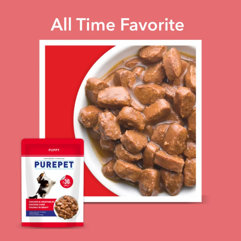 Purepet Chicken & Vegetable Chunks in Gravy Puppy Dog Wet Food — in use