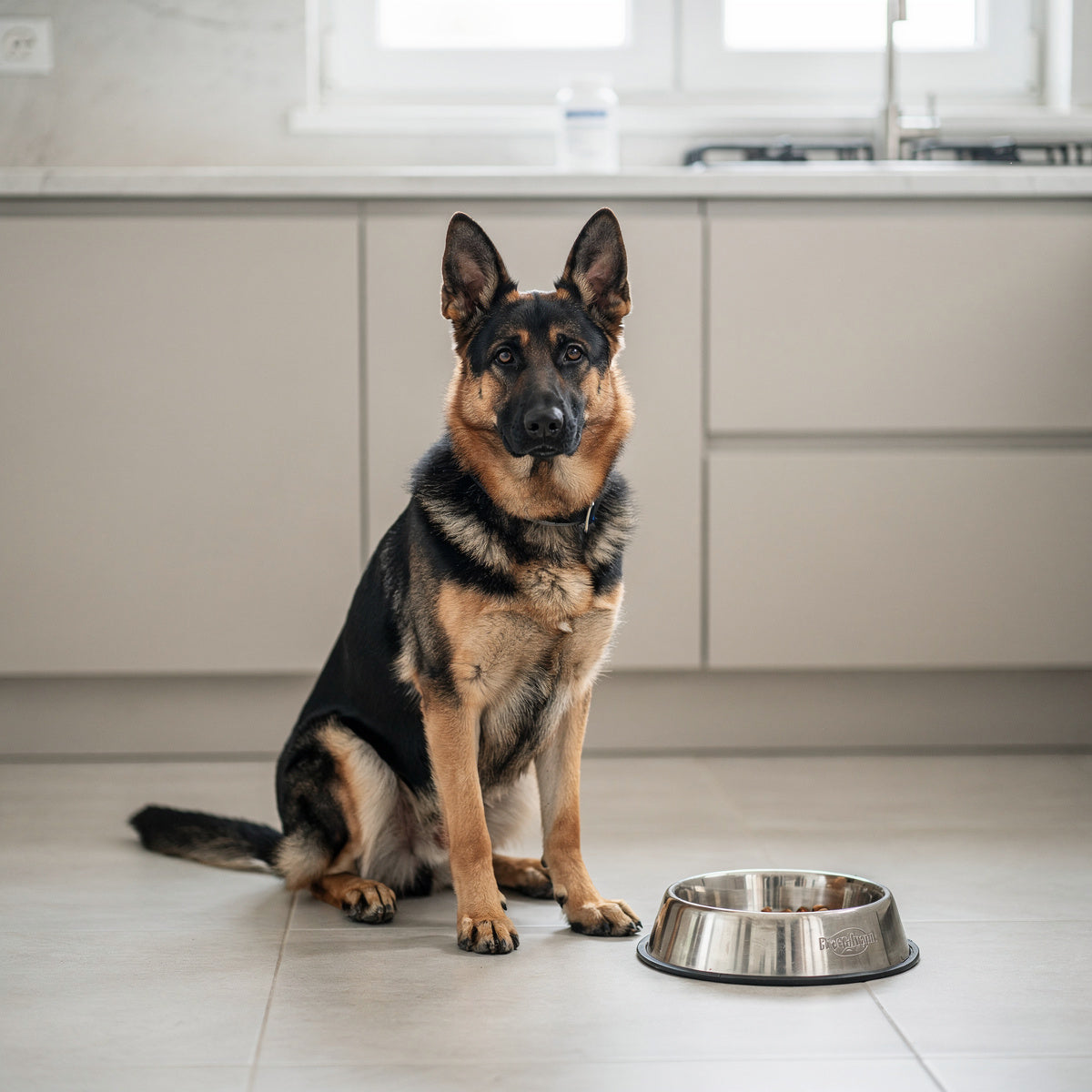A black and tan German Shepherd beside its food bowl in a kitchen