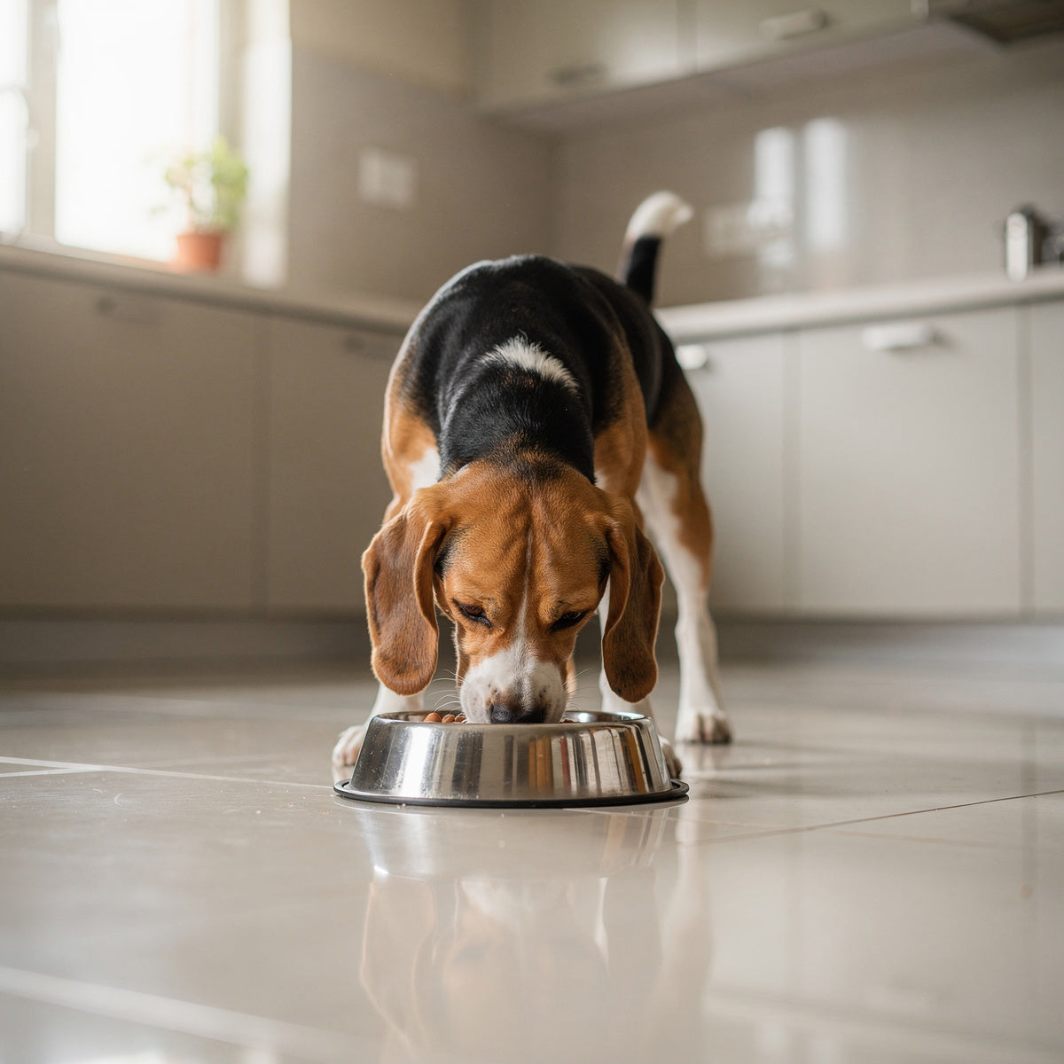 A tricolour Beagle eating from a steel bowl in a kitchen