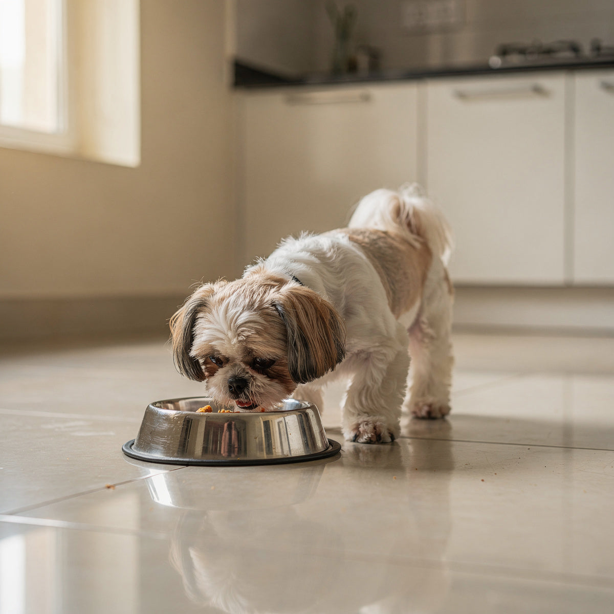 A Shih Tzu eating from a steel bowl in a kitchen