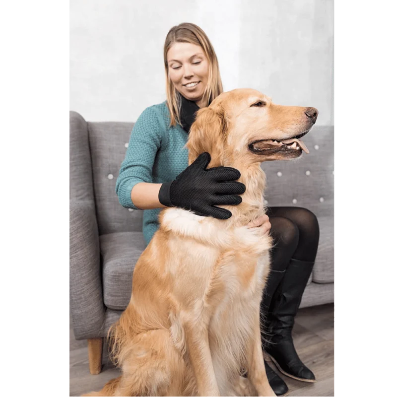 Trixie Fur Care Massage and Shine Gloves for Dogs and Cats — in use
