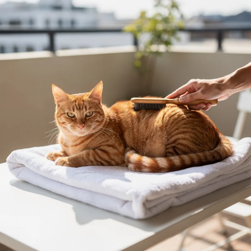An orange tabby cat being brushed on a towel on a balcony