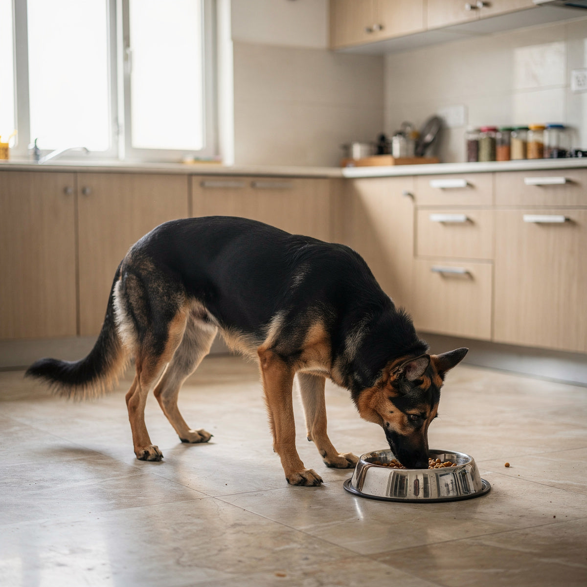 A black and tan German Shepherd eating from a steel bowl in a kitchen