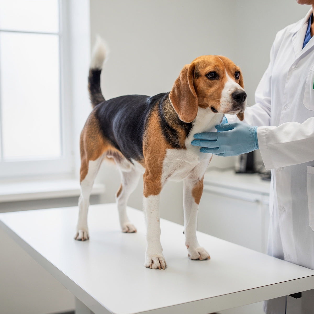 A tricolour Beagle being examined by a vet on a clinic table