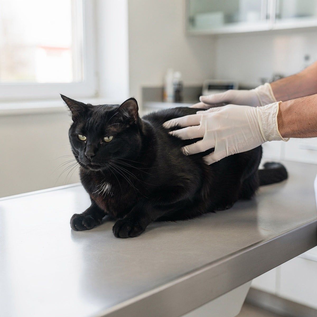 A black domestic short-haired cat being examined by a vet on a clinic table